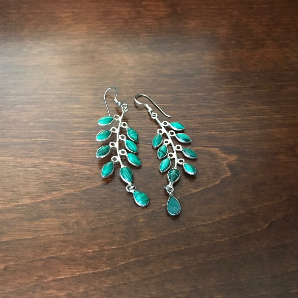 925 Sterling silver vintage style malachite leaf earrings
